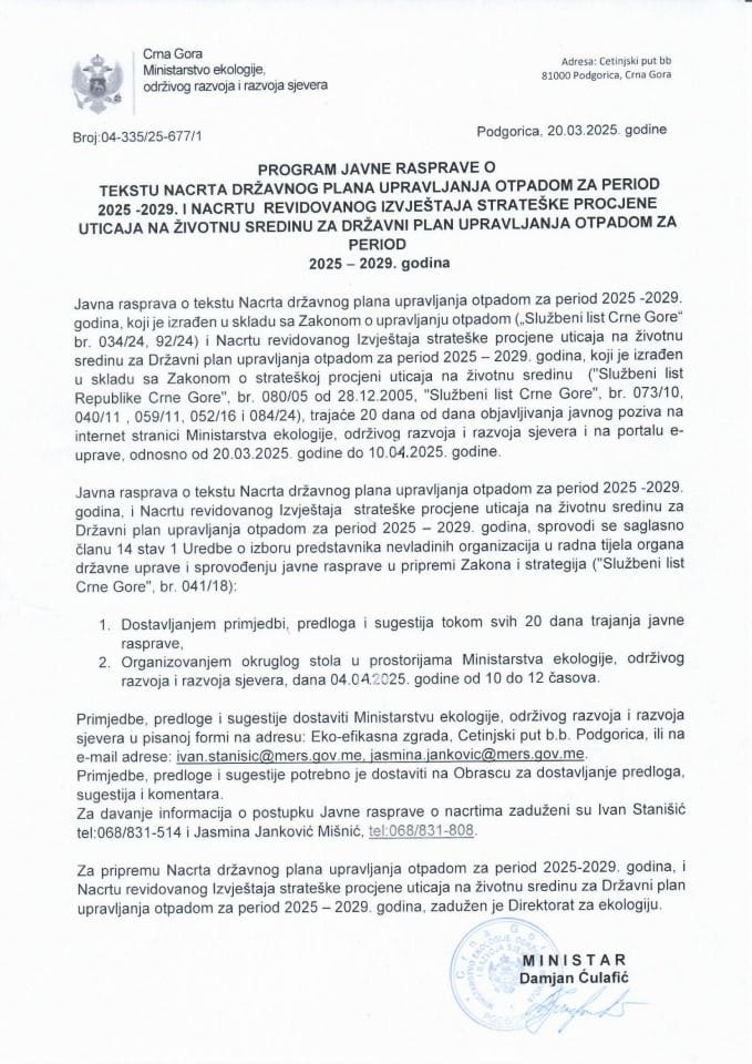 Program Javne rasprave - Nacrt državnog plana i Nacrt strateske procjene na državni plan