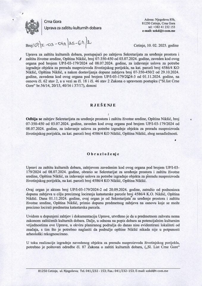 Rješenje o odbijanju zahtjeva UP-I-03-041-25-61-2 od 10.02.2025.