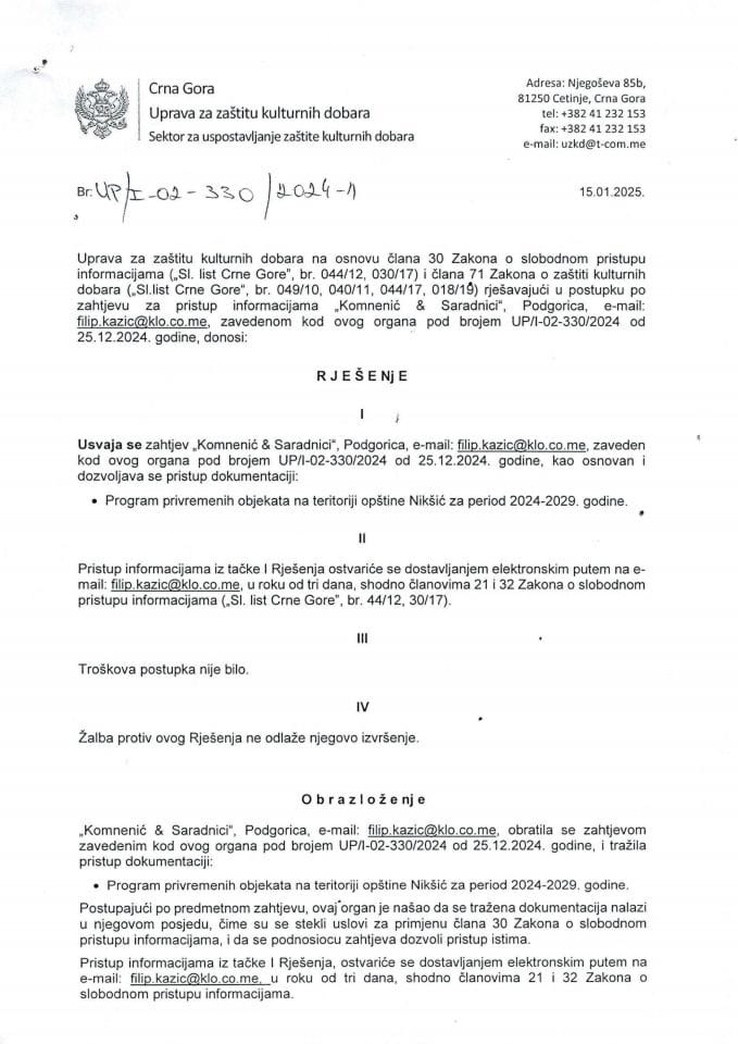 SPI Rješenje UP-I-02-330-2024-1 od 15.01.2025.