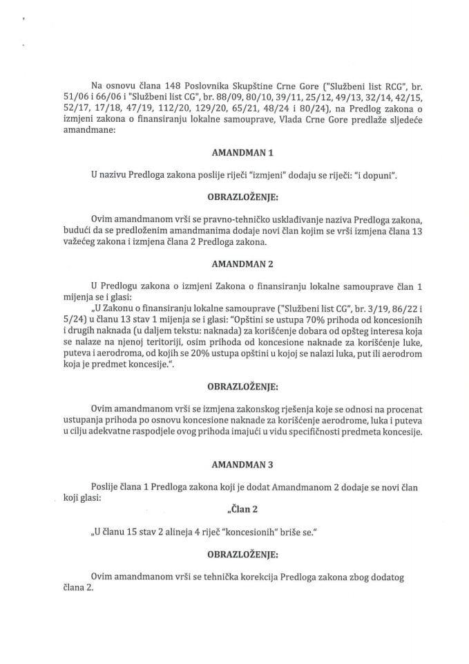 Predlog amandmana na Predlog zakona o izmjeni Zakona o finansiranju lokalne samouprave