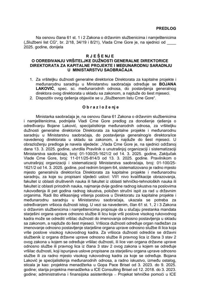 Predlog za određivanje vršiteljke dužnosti generalne direktorice Direktorata za kapitalne projekte i međunarodnu saradnju u Ministarstvu saobraćaja