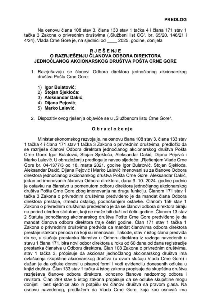 Predlog za razrješenje članova Odbora direktora jednočlanog akcionarskog društva Pošta Crne Gore