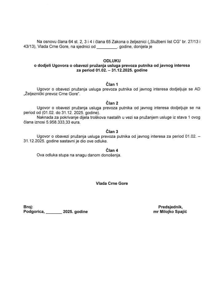 Predlog odluke o dodjeli Ugovora o obavezi pružanja usluga prevoza putnika od javnog interesa za period 01. 02. - 31. 12. 2025. godine s Predlogom ugovora