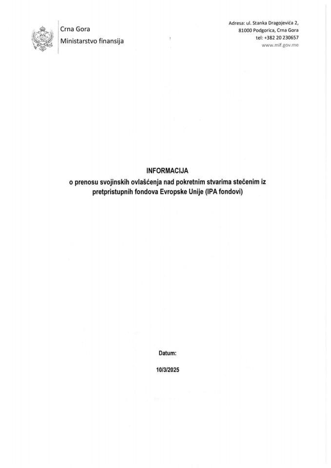 Informacija o prenosu svojinskih ovlašćenja nad pokretnim stvarima stečenim iz pretpristupnih fondova Evropske unije (IPA  fondovi)