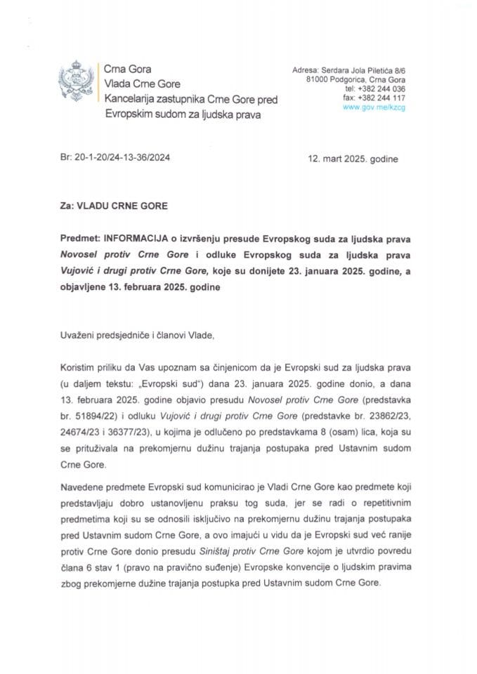 Informacija o izvršenju presude Evropskog suda za ljudska prava Novosel protiv Crne Gore i Odluke Evropskog suda za ljudska prava Vujović i drugi protiv Crne Gore, koje su donijete 23. januara 2025. godine, a objavljene 13. februara 2025. godine