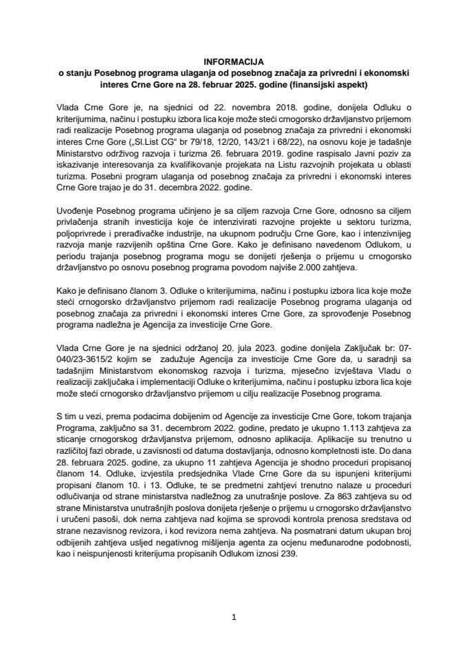 Informacija o stanju Posebnog programa ulaganja od posebnog značaja za privredni i ekonomski interes Crne Gore na 28. februar 2025. godine (finansijski aspekt)