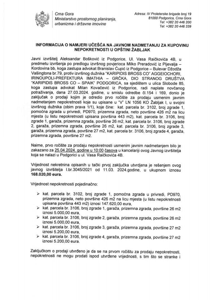 Информација о намјери учешћа на јавном надметању за куповину непокретности у Општини Жабљак