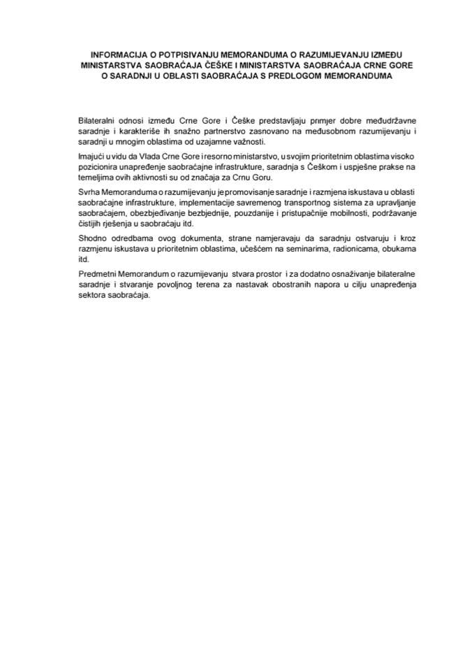 Informacija o potpisivanju Memoranduma o razumijevanju između Ministarstva saobraćaja Češke i Ministarstva saobraćaja Crne Gore o saradnji u oblasti saobraćaja s Predlogom memoranduma