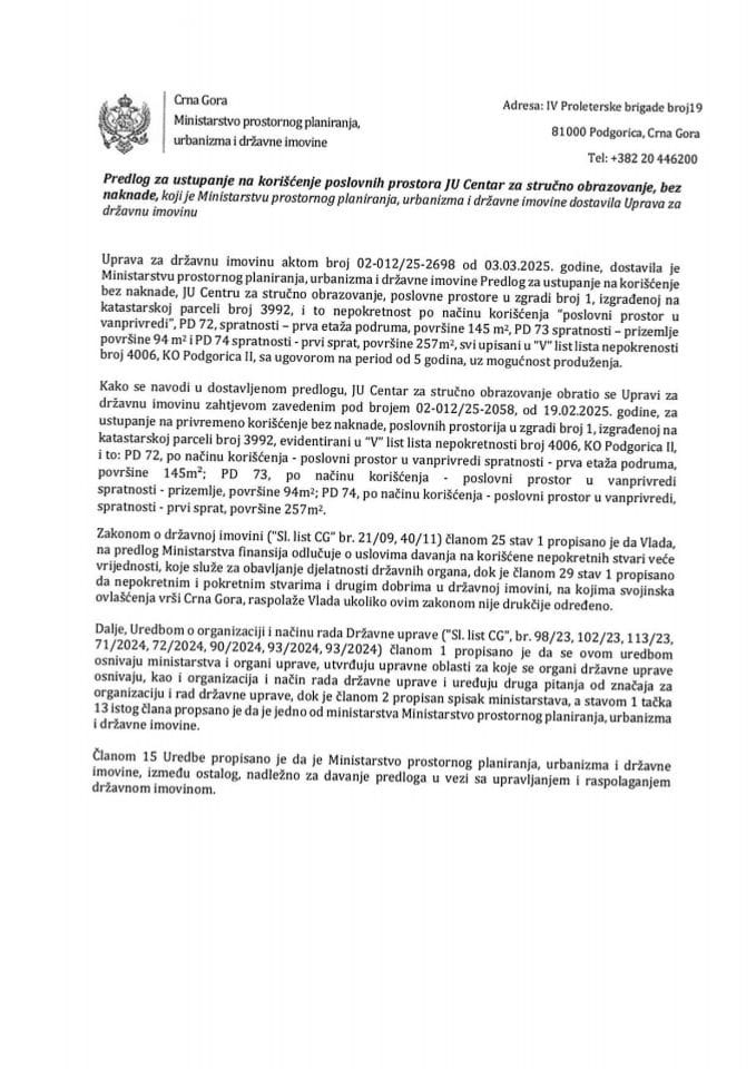 Predlog za ustupanje na korišćenje poslovnih prostora JU Centar za stručno obrazovanje, bez naknade s Predlogom ugovora