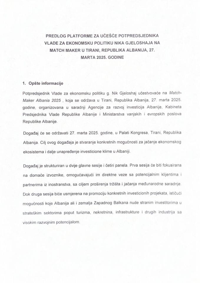 Predlog platforme za učešće potpredsjednika Vlade za ekonomsku politiku Nika Gjeloshaja na Match Maker  u Tirani, Republika Albanija, 27. marta 2025. godine