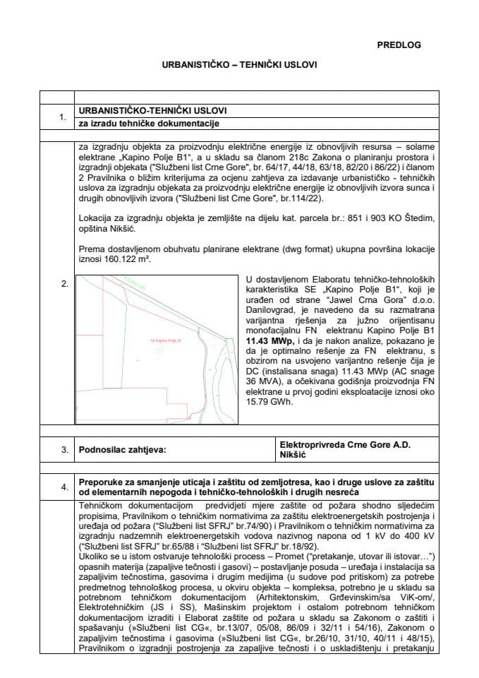 Предлог урбанистичко-техничких услова за израду техничке документације за изградњу објекта за производњу електричне енергије из обновљивих ресурса – соларне електране „Капино Поље Б1“