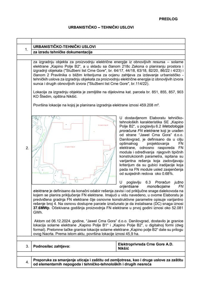 Предлог урбанистичко-техничких услова за израду техничке документације за изградњу објекта за производњу електричне енергије из обновљивих ресурса – соларне електране „Капино Поље Б2“