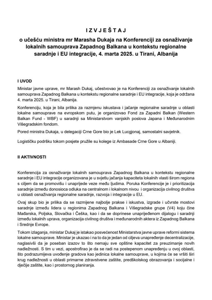 Izvještaj o učešću ministra mr Marasha Dukaja na Konferenciji za osnaživanje lokalnih samouprava Zapadnog Balkana u kontekstu regionalne saradnje i EU integracije, 4. mart 2025. godine, u Tirani, Albanija