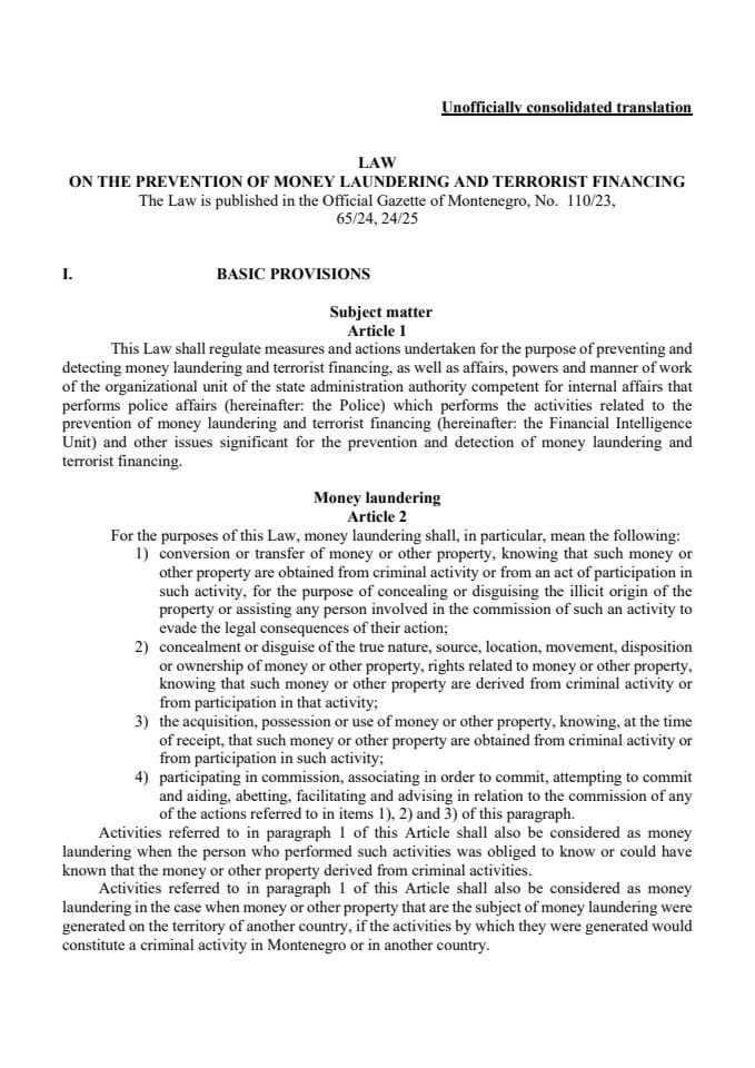 Law on the PMLTF Montenegro-unofficial transalation
