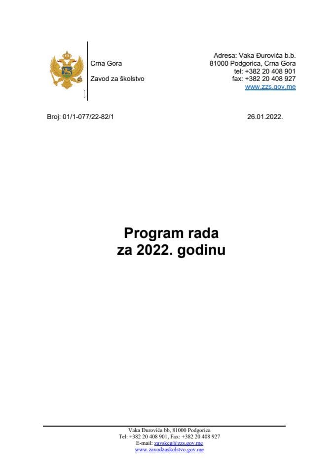Program rada Zavoda za školstvo za 2022. godinu