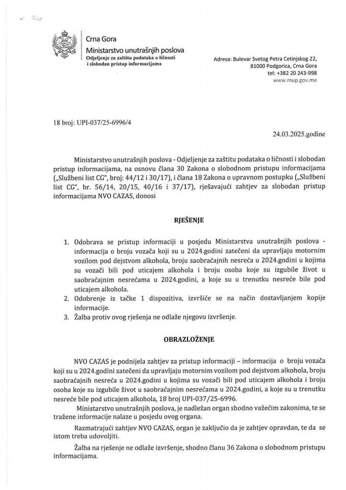 Rješenje br. 18-UPI-037/25-6996/4