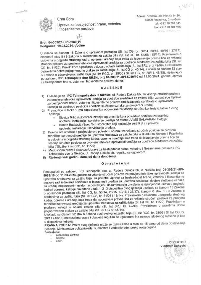 Rješenje o ovlašćenju IPC Tehnopolis d.o.o. Nikšić