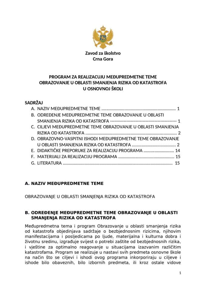 PROGRAM ZA REALIZACIJU MEĐUPREDMETNE TEME OBRAZOVANJE U OBLASTI SMANJENJA RIZIKA OD KATASTROFA U OSNOVNOJ ŠKOLI