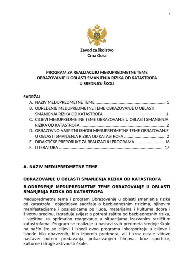 PROGRAM ZA REALIZACIJU MEĐUPREDMETNE TEME OBRAZOVANJE U OBLASTI SMANJENJA RIZIKA OD KATASTROFA U SREDNJOJ ŠKOLI