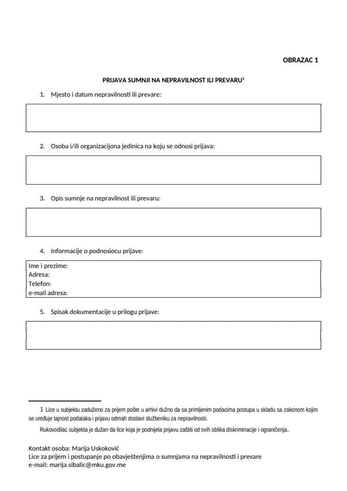 Obrazac prijave sumnji na nepravilnosti ili prevare