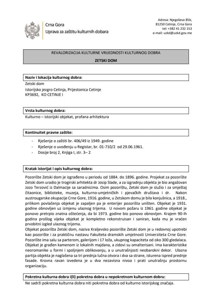 Ревалоризација културне вриједности културног добра Зетски дом