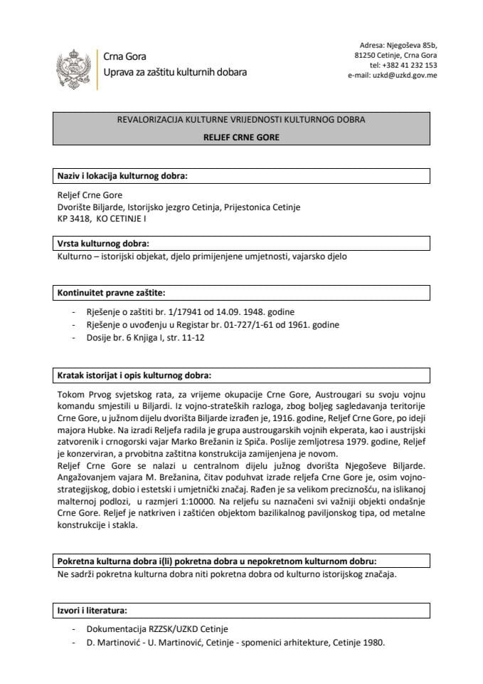 Revalorizacija kulturne vrijednosti kulturnog dobra Reljef Crne Gore