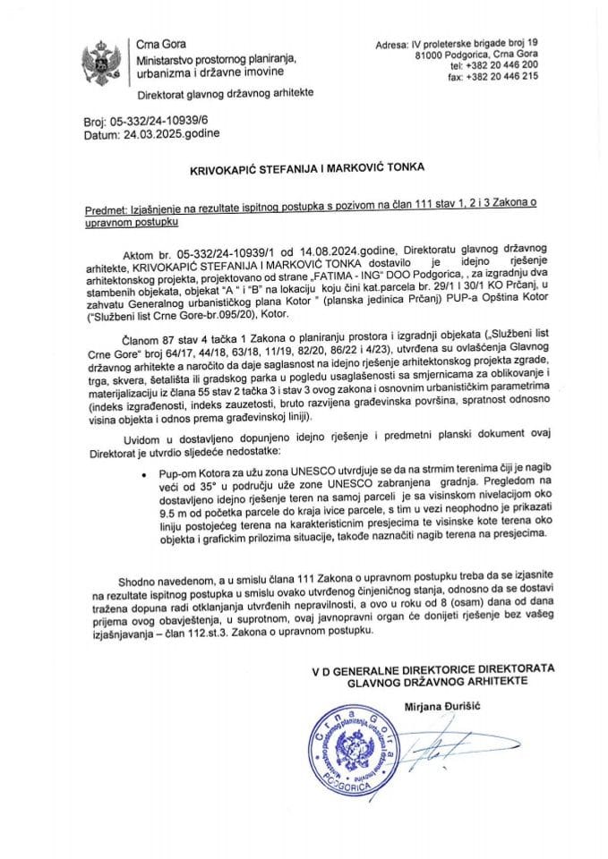 Obavještenja - Saglasnosti glavnog državnog arhitekte - 24.03.2025 Obavještenje -Krivokapić Stefanija i Marković Tonka -Opština Kotor