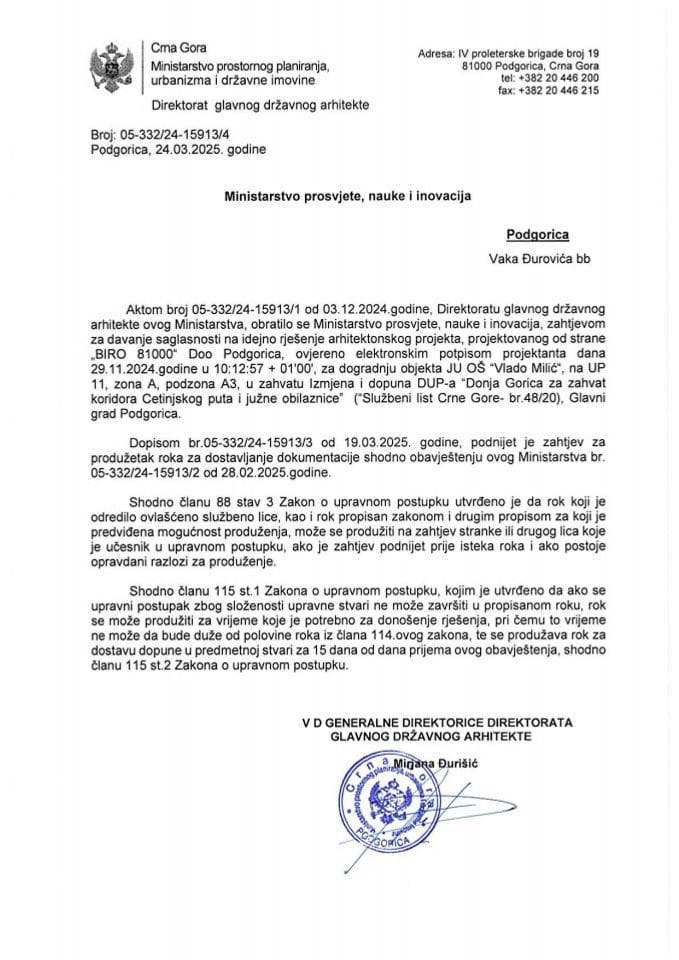 Obavještenja - Saglasnosti glavnog državnog arhitekte - 24.03.2025 Obavještenje -Ministarstvo prosvjete, nauke i inovacija -Glavni grad Podgorica