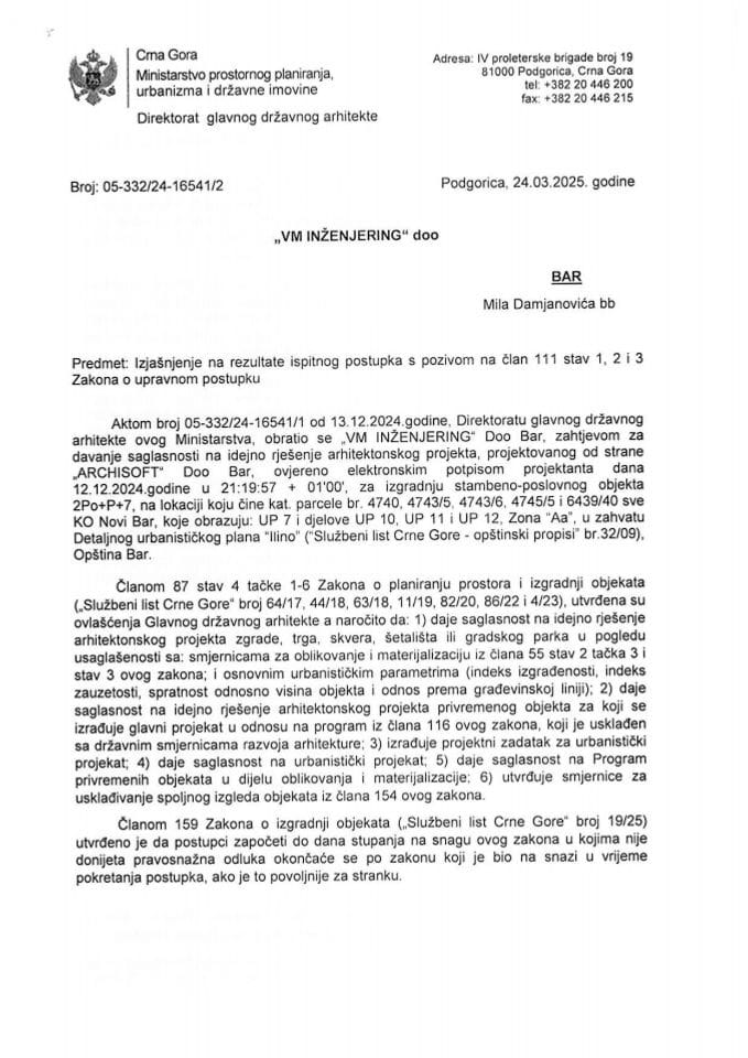 Obavještenja - Saglasnosti glavnog državnog arhitekte - 24.03.2025 Obavještenje -VM INŽENJERING DOO, Bar -Opština Bar