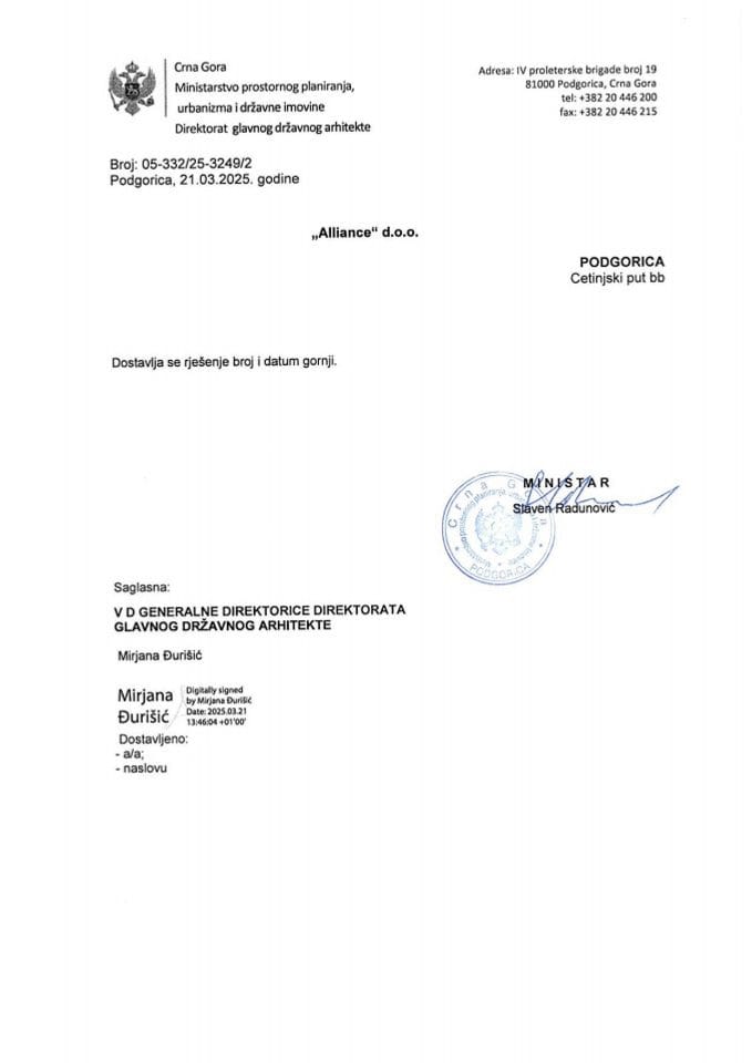 Rješenja glavnog državnog arhitekte - 21.03.2025 Rješenje -ALLIANCE DOO, Podgorica -Glavni grad Podgorica