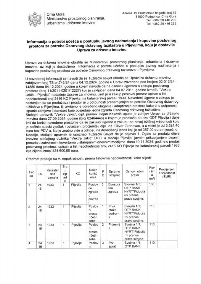 Информација о потреби учешћа у поступку јавног надметања и куповине пословног простора за потребе Основног државног тужилаштва у Пљевљима
