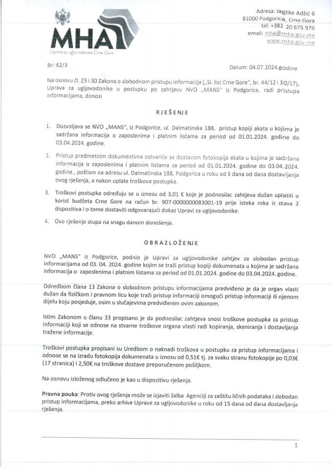 62-2 RJEŠENJE O SLOBODNOM PRISTUPU INFORMACIJA NVO MANS
