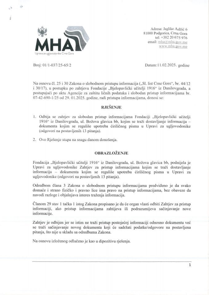 01-1-037-25-65-2 RJEŠENJE SLOB. PRISTUP INF. NVO FONDACIJA BJELOPAVLIĆKI UČITELJI 1916.