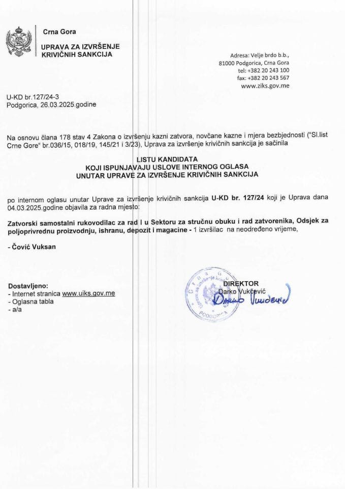 Lista kandidata, datum provjere kandidata, plan provjere znanja, kompetencija i vještina internog oglasa unutar Uprave za izvršenje krivičnih sankcija