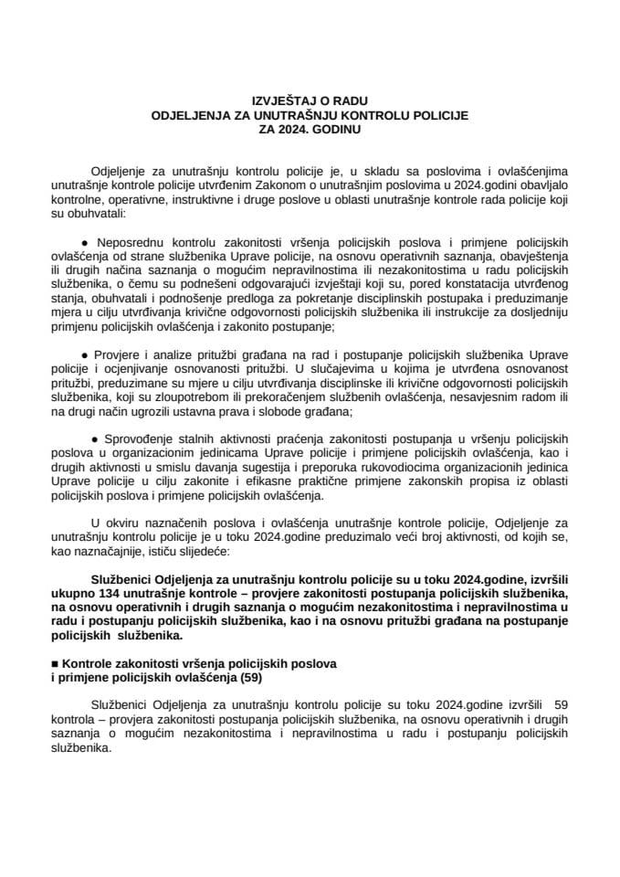 Izvještaj o radu Odjeljenja za unutrašnju kontrolu policije za 2024. godinu