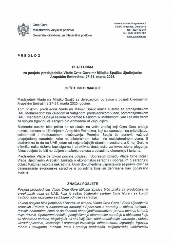 Predlog platforme za posjetu predsjednika Vlade Crne Gore mr Milojka Spajića Ujedinjenim Arapskim Emiratima, 27-31. marta 2025. godine
