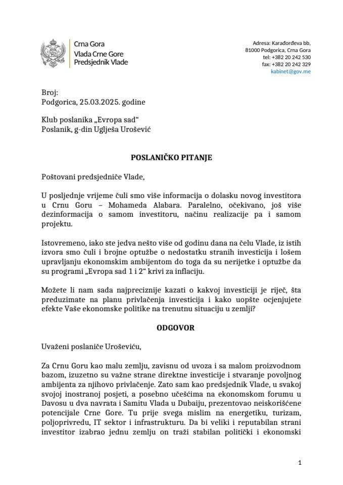 Premijerski sat: Odgovor predsjednika Vlade Milojka Spajića na poslaničko pitanje Uglješe Uroševića