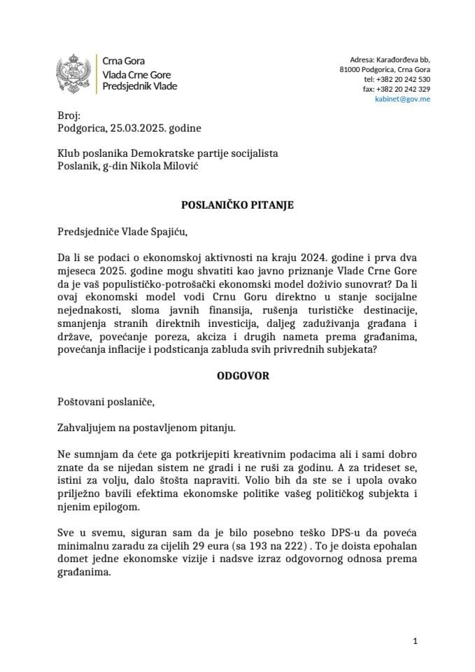 Premijerski sat: Odgovor predsjednika Vlade Milojka Spajića na poslaničko pitanje Nikole Milovića