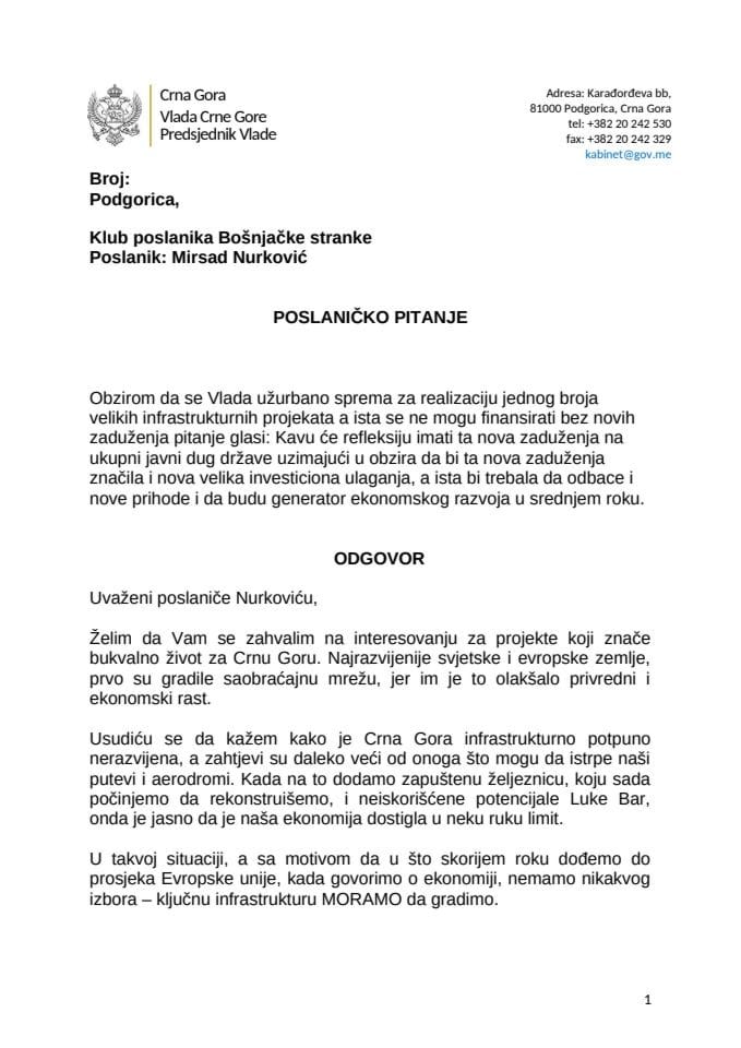 Premijerski sat: Odgovor predsjednika Vlade Milojka Spajića na poslaničko pitanje Mirsada Nurkovića