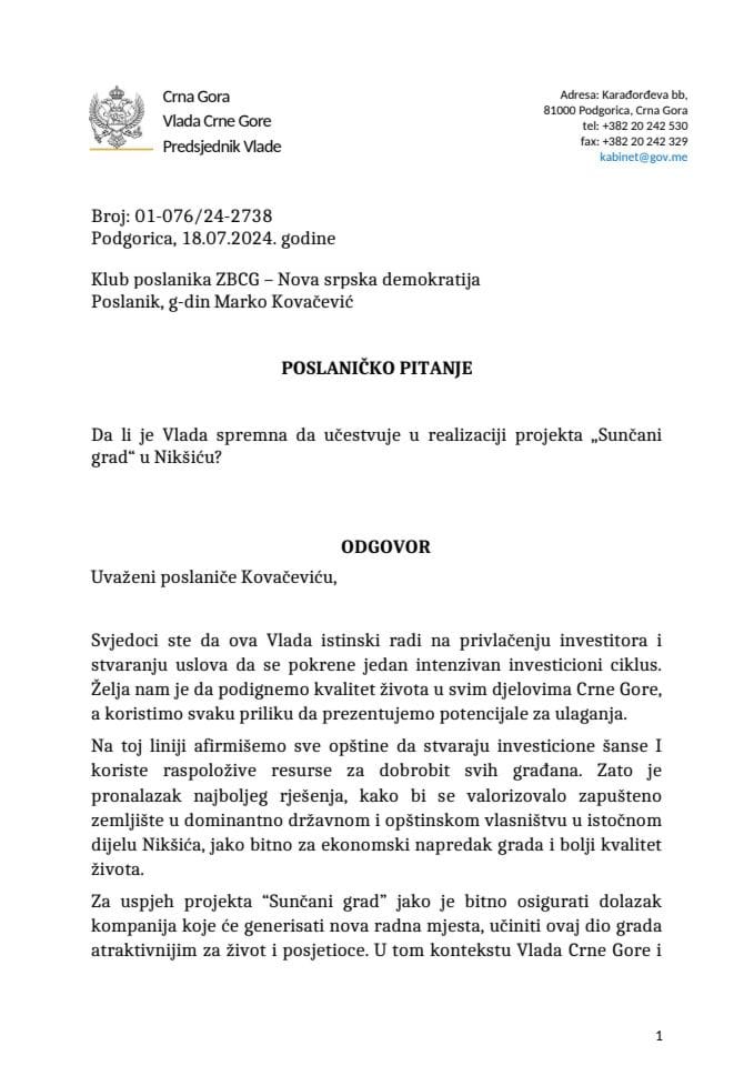 Premijerski sat: Odgovor predsjednika Vlade Milojka Spajića na poslaničko pitanje Marka Kovačevića