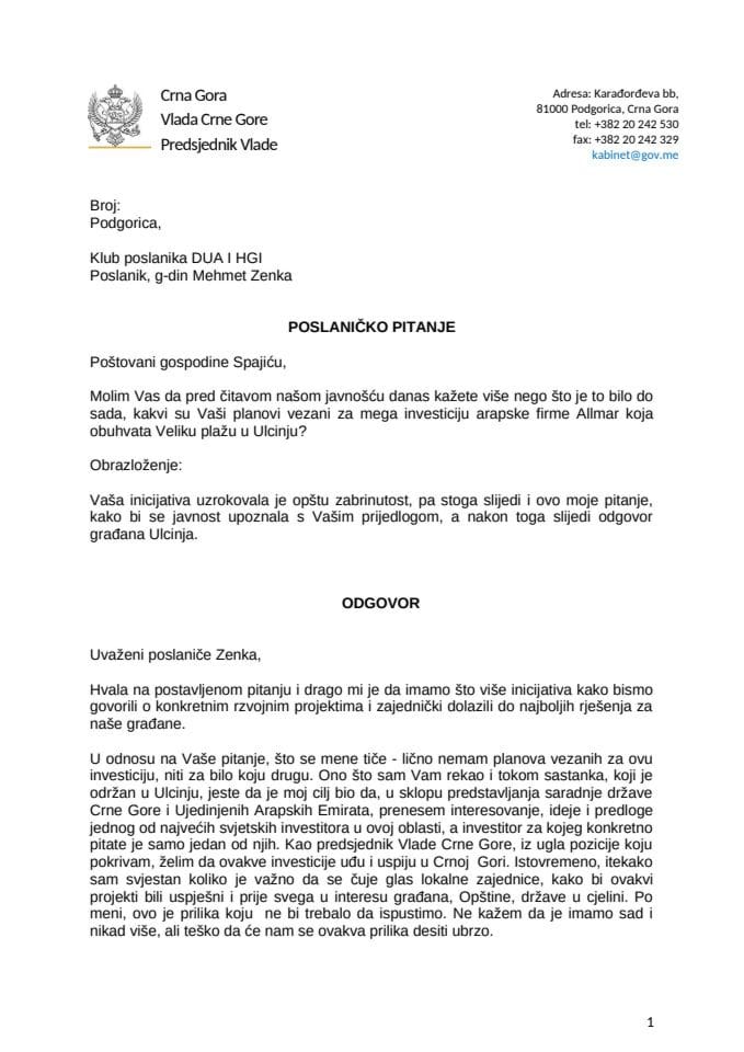 Premijerski sat: Odgovor predsjednika Vlade Milojka Spajića na poslaničko pitanje Mehmeta Zenke