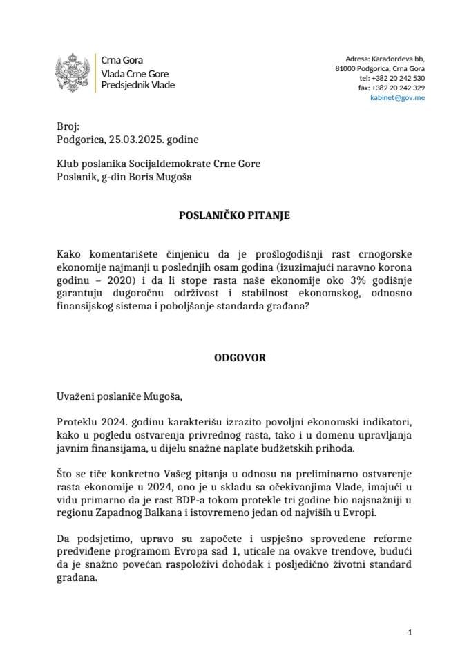 Premijerski sat: Odgovor predsjednika Vlade Milojka Spajića na poslaničko pitanje Borisa Mugoše