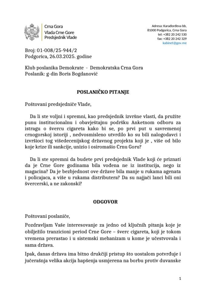 Premijerski sat: Odgovor predsjednika Vlade Milojka Spajića na poslaničko pitanje Borisa Bogdanovića