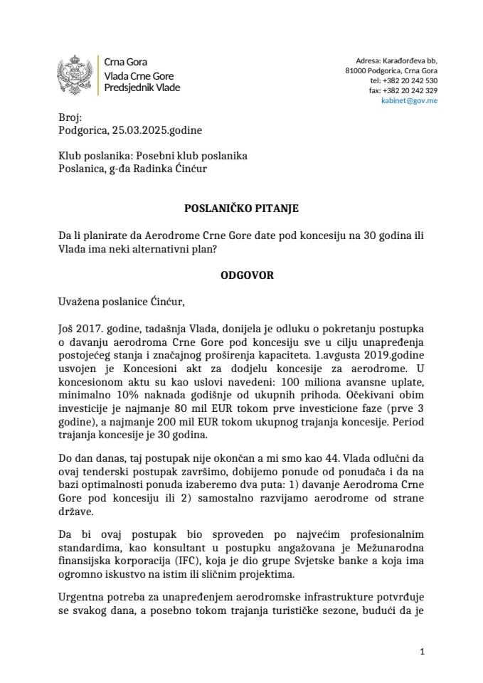 Premijerski sat: Odgovor predsjednika Vlade Milojka Spajića na poslaničko pitanje Radinke Ćinćur