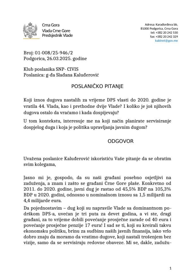 Premijerski sat: Odgovor predsjednika Vlade Milojka Spajića na poslaničko pitanje Slađane Kaluđerović