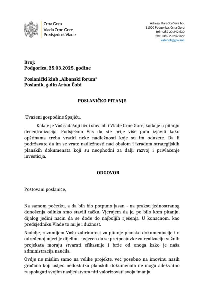 Premijerski sat: Odgovor predsjednika Vlade Milojka Spajića na poslaničko pitanje Artana Čobija