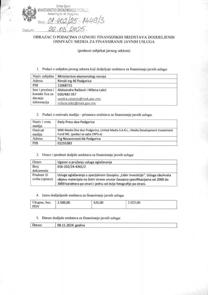 Образац за финансирање медијског оглашавања МЕР - ИИ дио