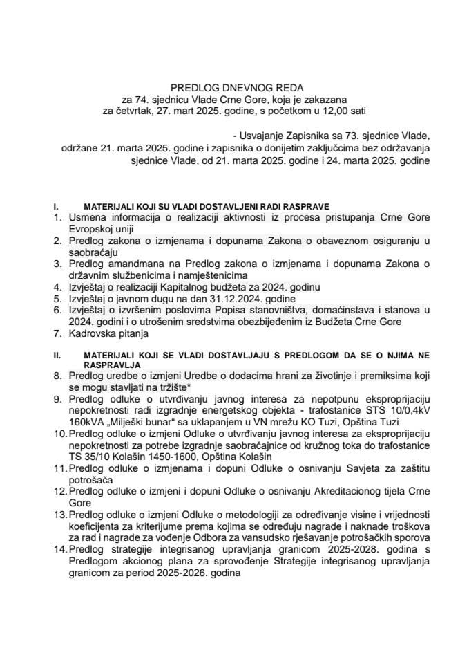 Предлог дневног реда за 74. сједницу Владе Црне Горе