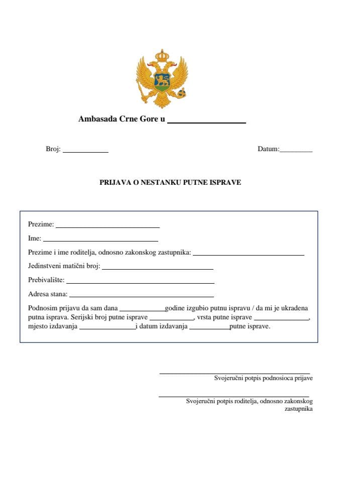 PRIJAVA O NESTANKU PUTNE ISPRAVE