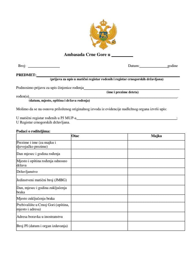 Prijava za upis u matični registar rođenih i registar crnogorskih državljana